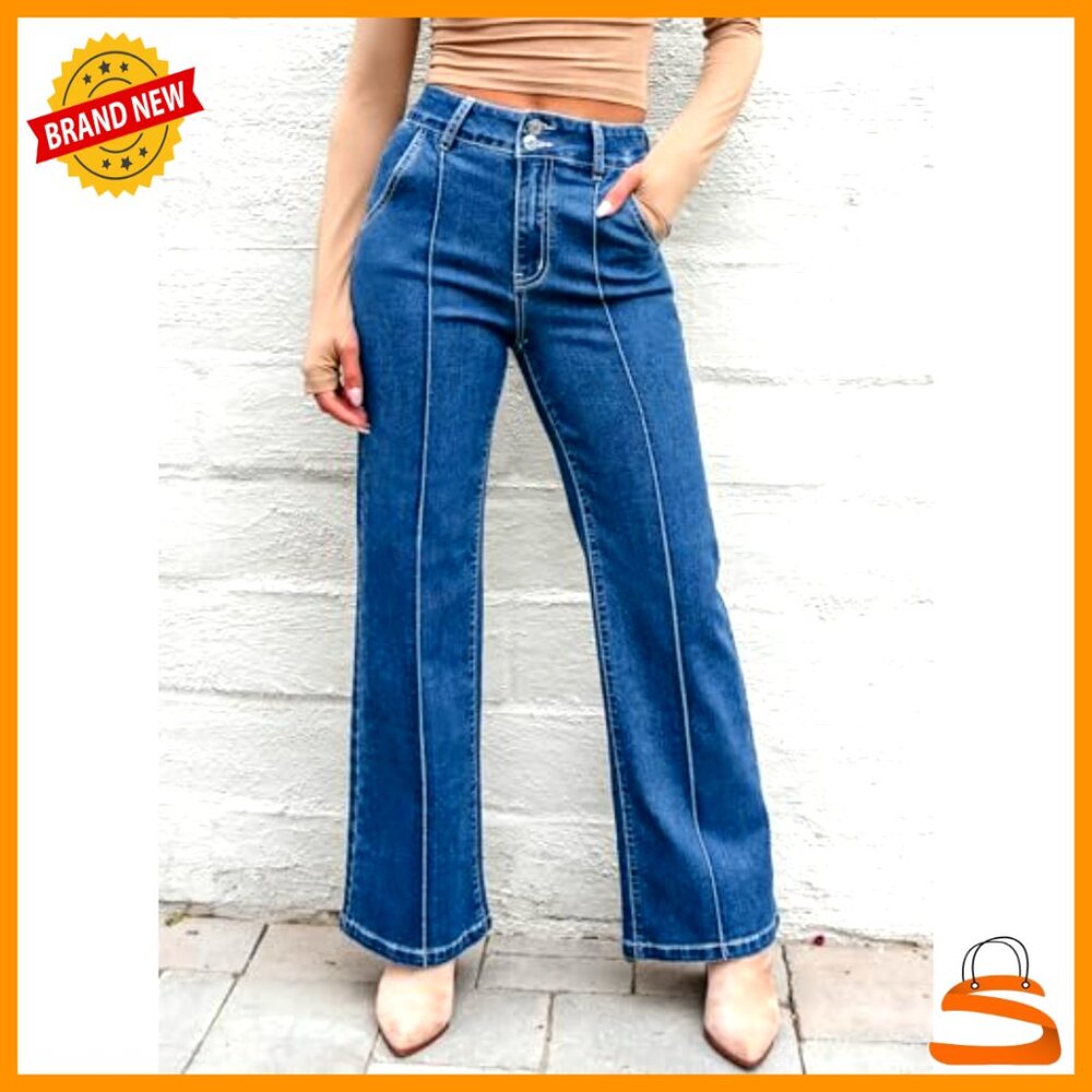 High Waisted Wide Leg Stretch Denim Jeans Casual Baggy Fit Pants - Picture 4 of 7